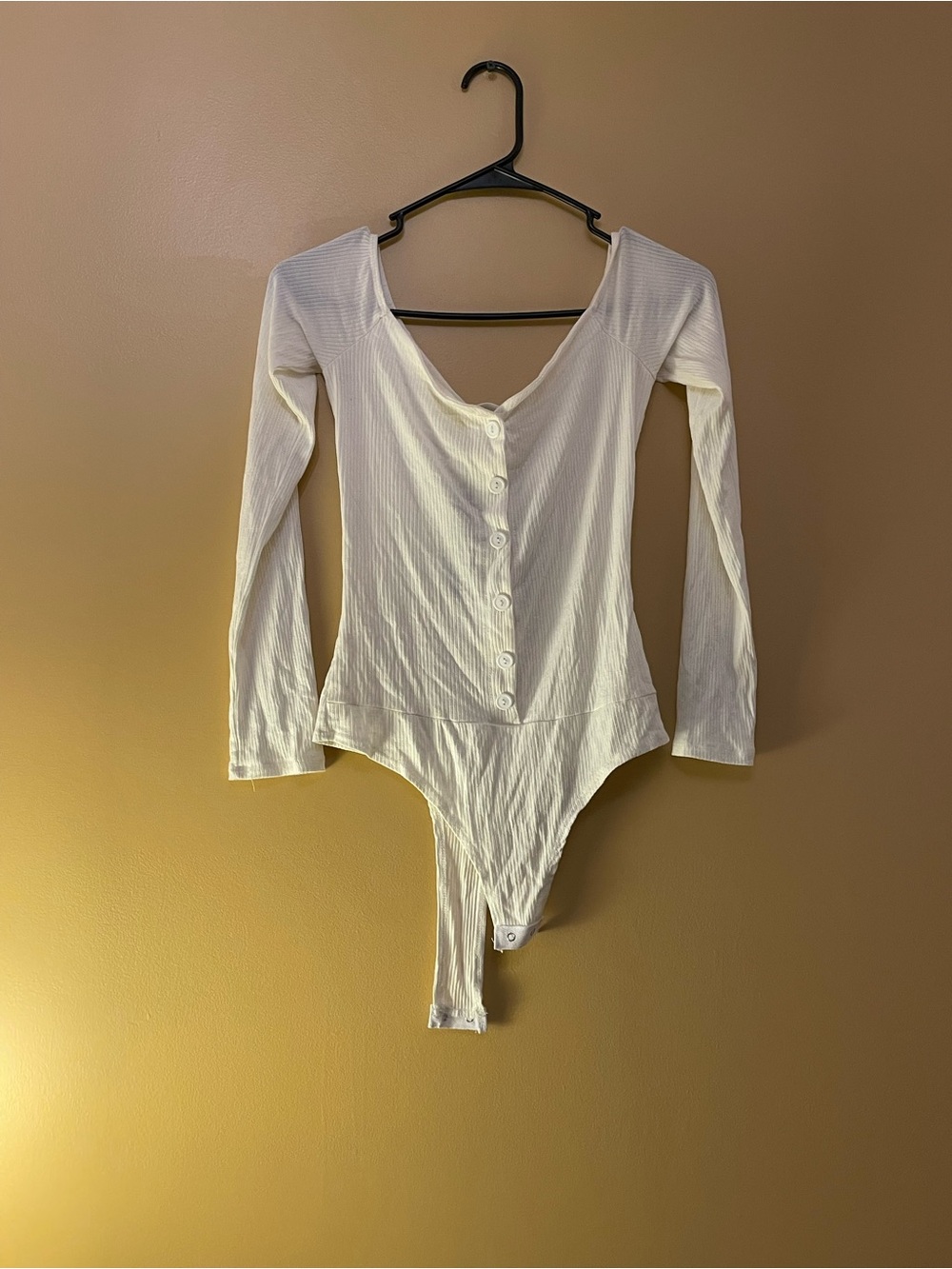 Fashion Nova White Ribbed Button-Front Long Sleeve Bodysuit